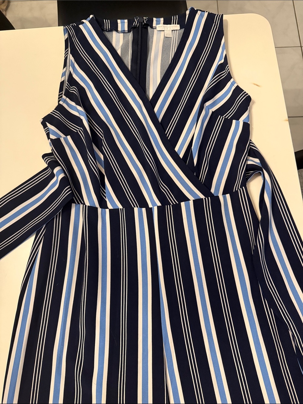 New York & Company Navy, Light Blue & White Striped Jumpsuit